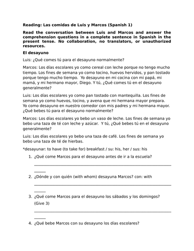Reading: Las comidas de Luis y Marcos (Spanish 1)