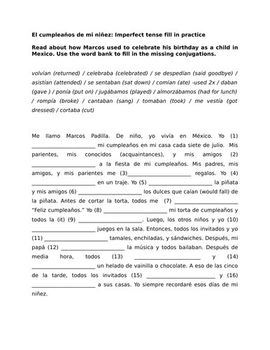 El cumpleaños de mi niñez: Imperfect tense fill in practice