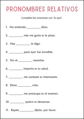 Spanish Relative Pronouns Practice Grammar Worksheets for Grade 2, 3, 4