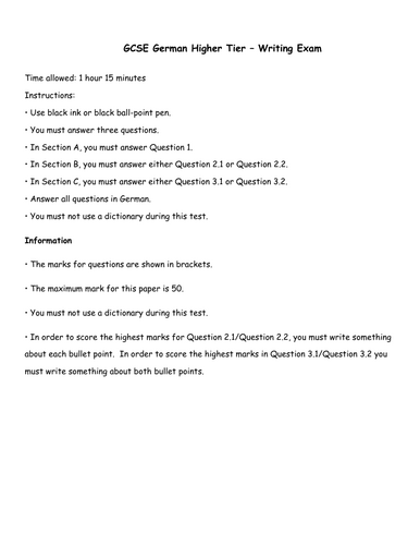 GCSE German Higher Writing Paper - new spec