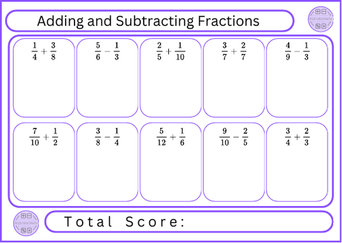 Adding and Subtracting Fractions - 10 Questions