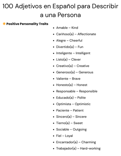 100 adjectives in spanish to describe someone