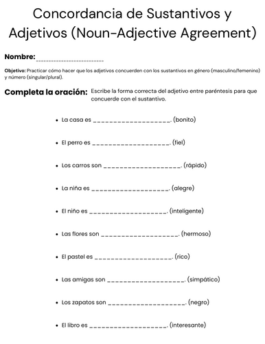 noun adjective agreement spanish worksheet with answers