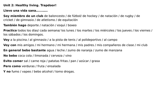New AQA Spanish Foundation GCSE Unit 2 Healthy Living Trapdoor!