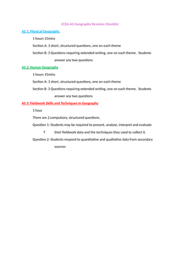 CCEA AS Geography Revision Checklist