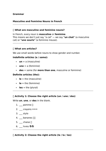 Studio 2 (Vert) - Module 1 - La lecture - Grammar - Masculine and Feminine Nouns