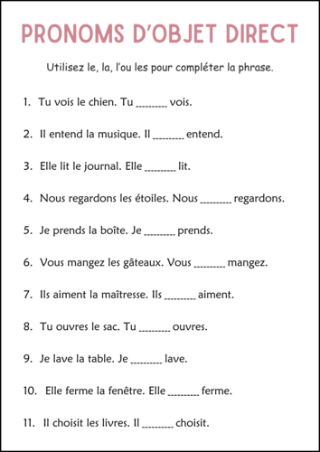Direct Object Pronouns Practice Grammar Worksheets in French for Grade 2, 3, 4