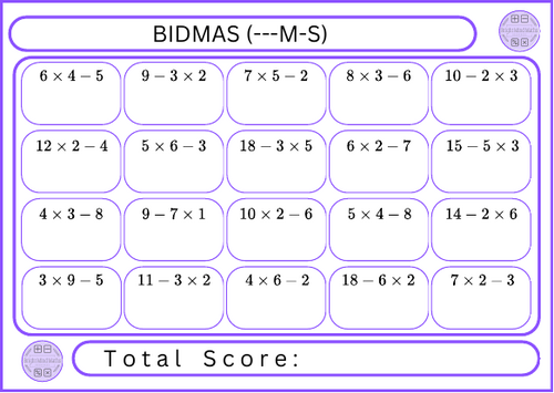 BIDMAS (---M-S) - 20 Questions