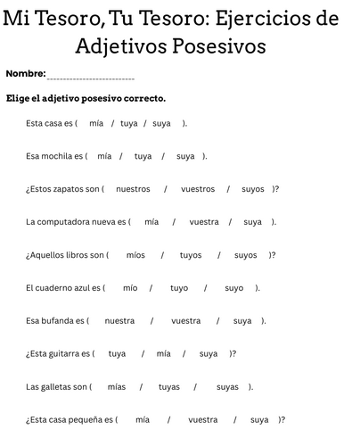 stressed possessive adjectives in spanish worksheet with answer key