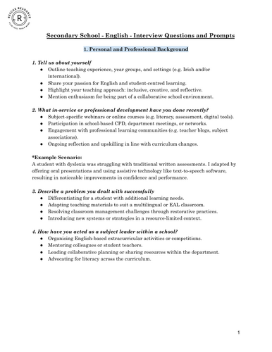 Secondary School - English - Interview Questions, Advice, and Prompts