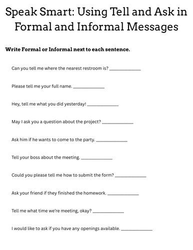 formal and informal messages with tell and ask exercises worksheet