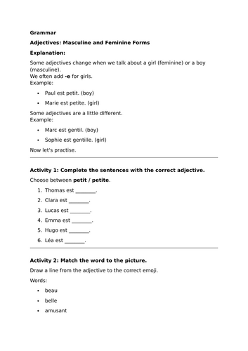 Studio 2 (Vert) - Module 1 - La lecture - Grammar - Adjectives – Masculine and Feminine Forms