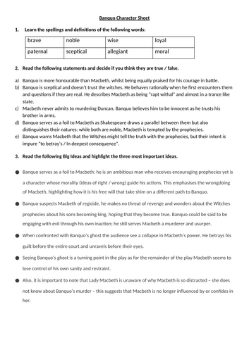 Macbeth Character sheets - with exam question