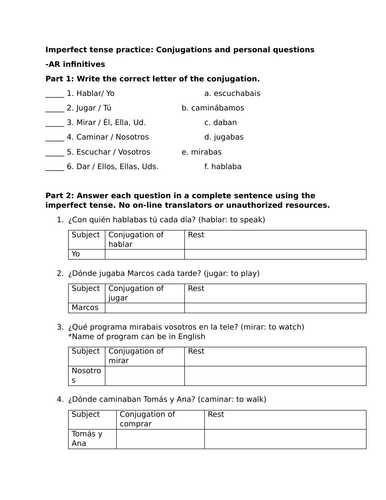 Imperfect tense practice: Conjugations and personal questions