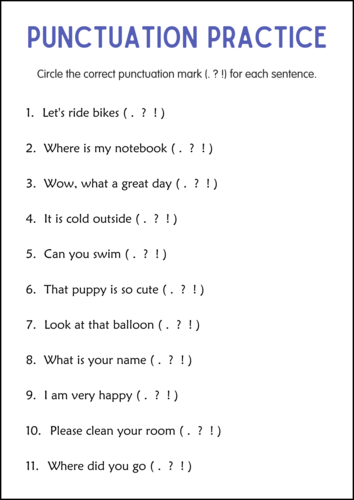 Punctuation Practice Worksheets - Periods, Question Marks, Exclamation Points