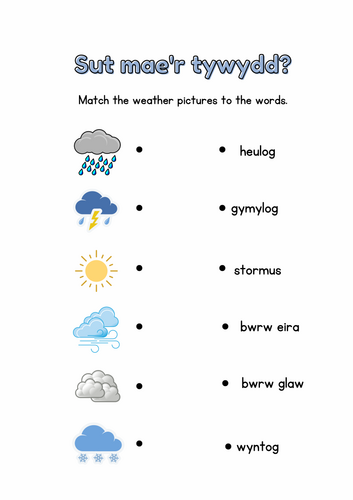 Welsh weather matching sheet. Tywydd.