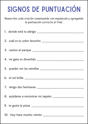 Punctuation Marks Practice Worksheets in Spanish for Grade 2, 3