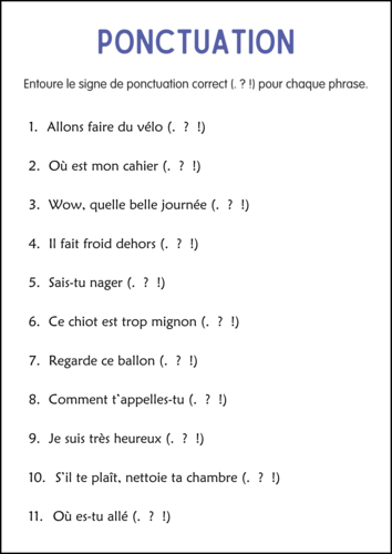 Punctuation Marks Practice Worksheets in French for Grade 2, 3