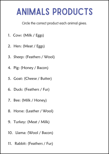 Printable Farm Animals and Their Products Activity Worksheets for Grade 1, 2, 3