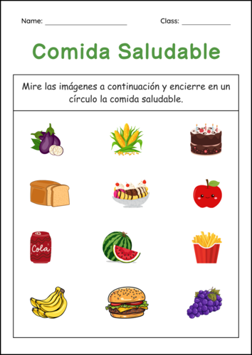 Healthy and Unhealthy Food Worksheets in Spanish