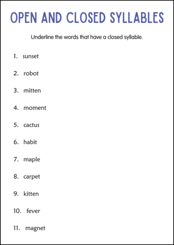 Printable Open and Closed Syllables Grammar Worksheets for Grade 1, 2, 3