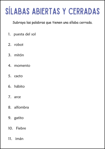 Open and Closed Syllables Worksheets in Spanish - Sílabas Abiertas y Cerradas