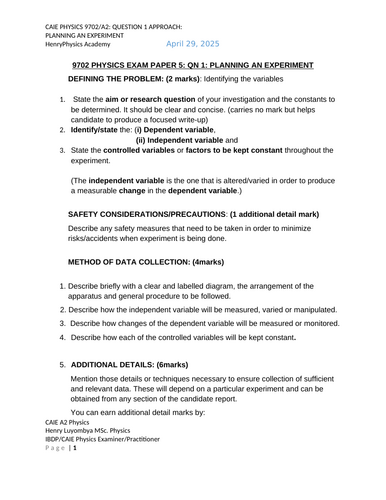CAIE A2 Physics Paper 5: Planning a Laboratory experiment