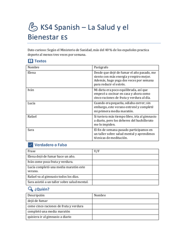 KS4 Spanish Health & Well‑being Worksheet – Advanced Reading & Writing