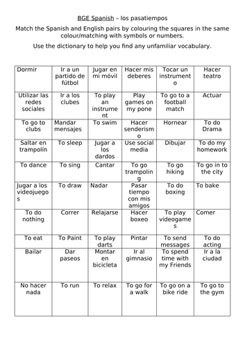 Spanish Hobbies Match Up Worksheet
