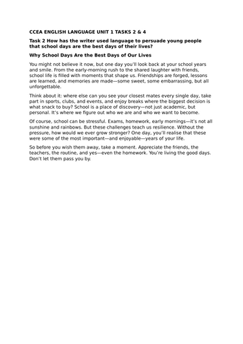 CCEA GCSE English Language Unit 1 - Tasks 2 and 4