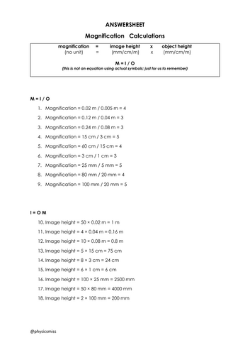 GCSE Physics Worksheets Magnification  Calculations w solutions