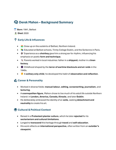 Derek Mahon Notes and Essay
