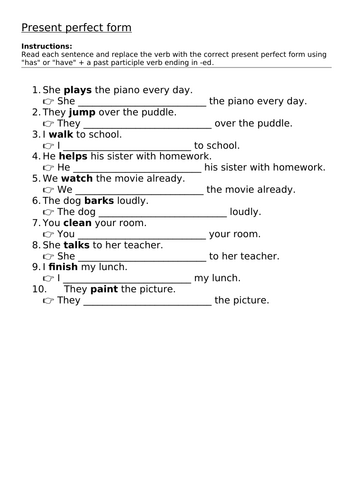 Present Perfect Form Worksheet