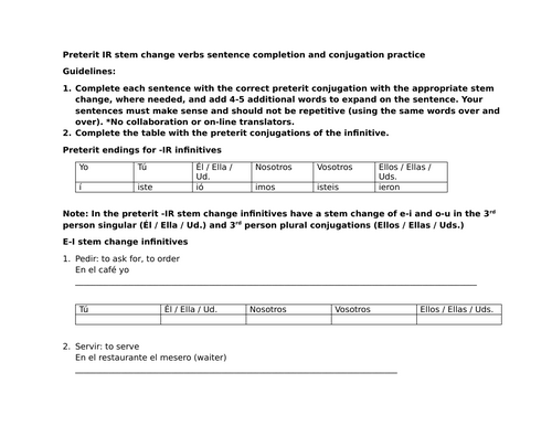 Preterit IR stem change verbs sentence completion and conjugation practice