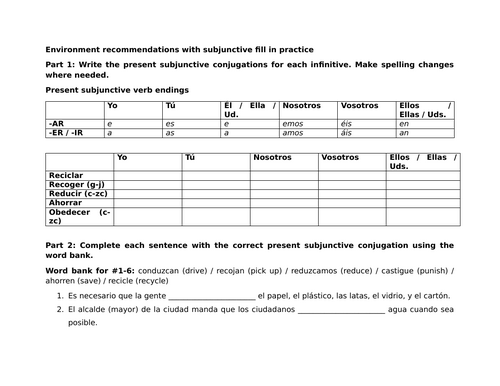 Environment recommendations with subjunctive fill in practice