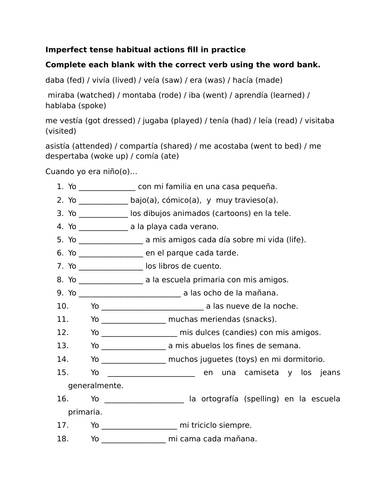 Imperfect tense habitual actions fill in practice