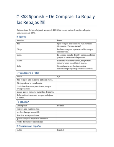 KS3 Spanish Shopping Worksheet: Ropa y Rebajas