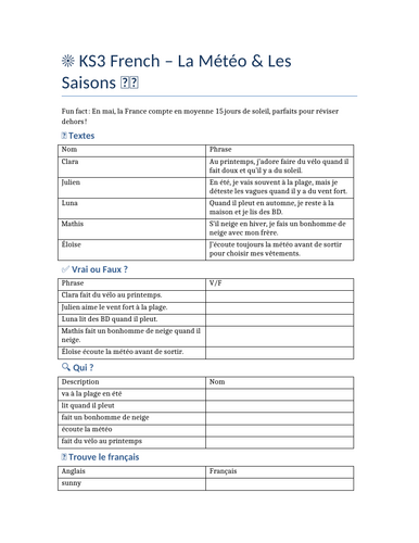 KS3 French Weather & Seasons Worksheet