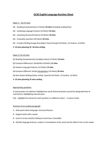 GCSE ENGLISH LANGUAGE REVISION SHEET
