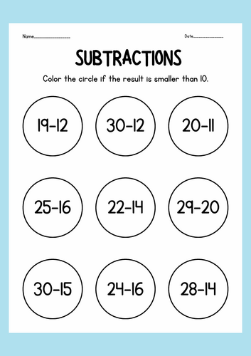 Blue Two-Digit Subtraction Worksheet