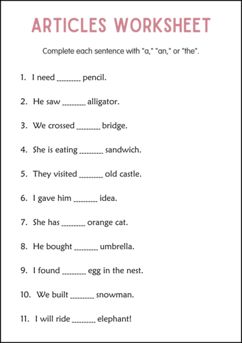 Printable Articles (a, an, the) English Grammar Worksheets for Grade 1, 2, 3