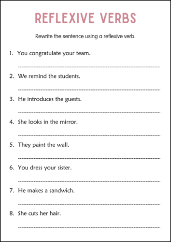 Printable Reflexive Verbs Practice Grammar Worksheets for Grade 2, 3, 4
