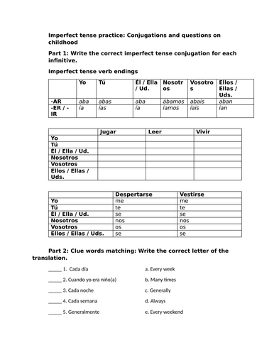 Imperfect tense practice: Conjugations and questions on childhood