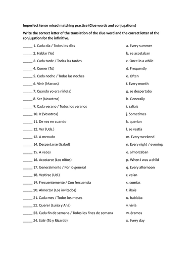 Imperfect tense mixed matching practice (Clue words and conjugations)