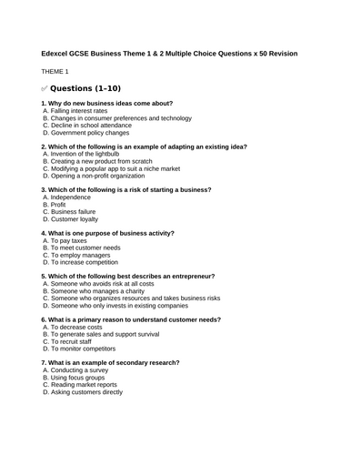 Edexcel GCSE Business Theme 1 & 2 Multiple Choice Questions x 50 Revision
