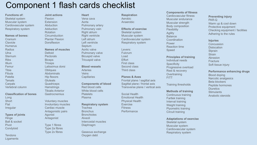 GCSE PE Component 1 - Fitness & Body systems. Flash card checklist