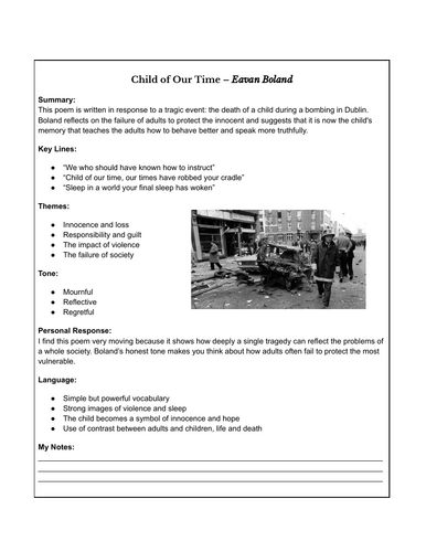 Ordinary Level Poetry – One-Page Study Buddy Notes (Leaving Certificate English)