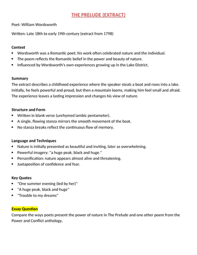 Power and Conflict Poetry GCSE - One Page Revision Sheets