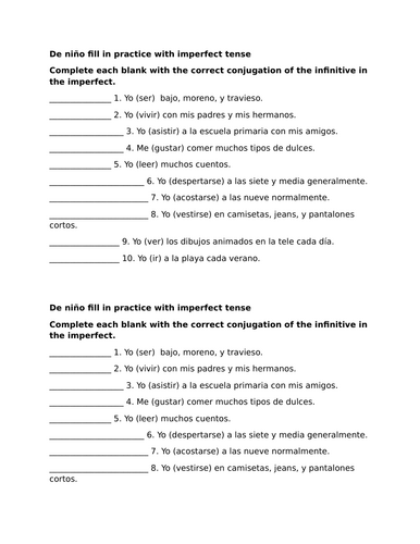 De niño fill in practice with imperfect tense