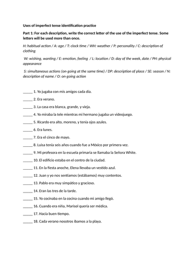 Uses of imperfect tense identification practice